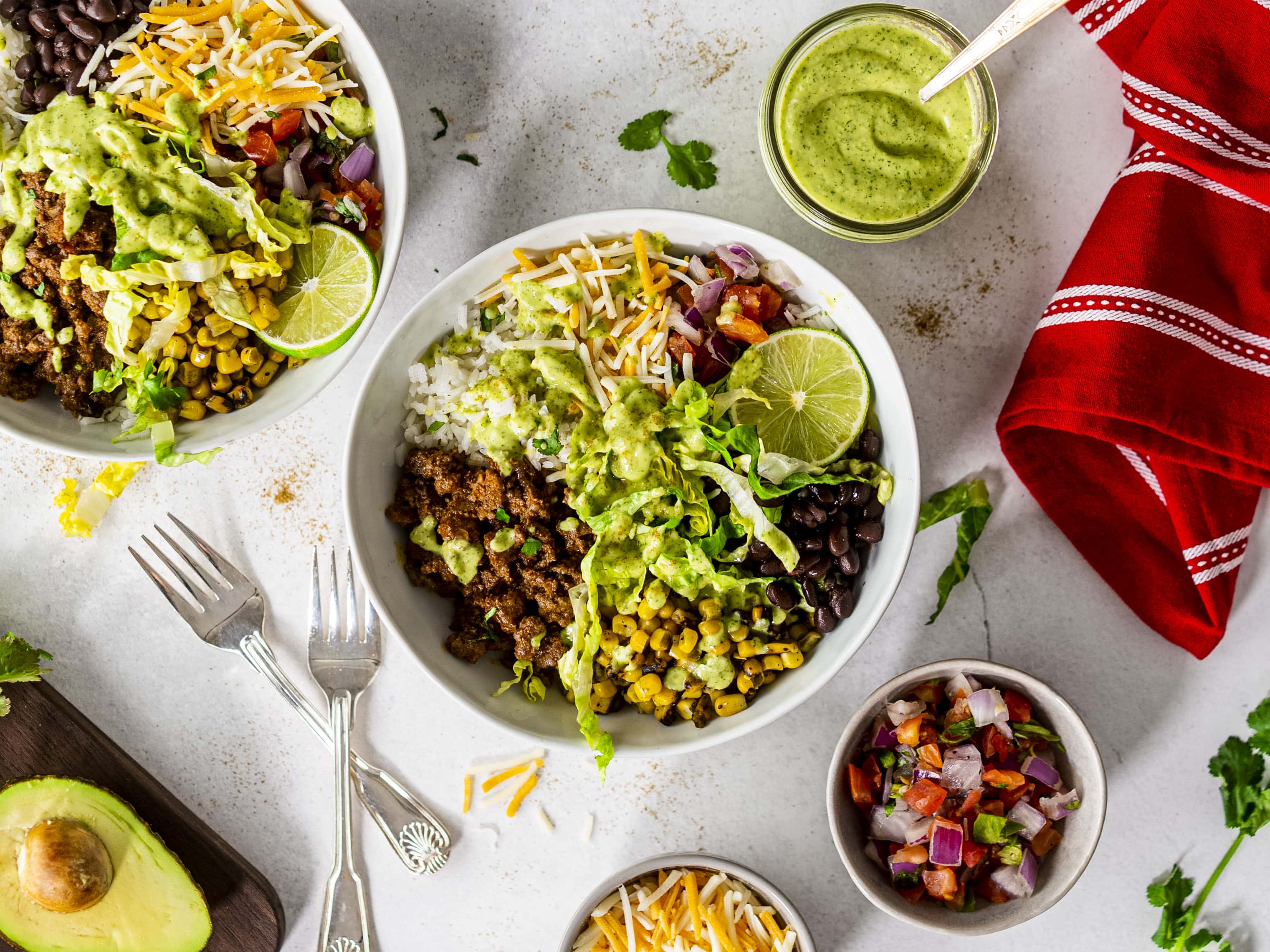 Taco Bowls with Avocado Lime Dressing